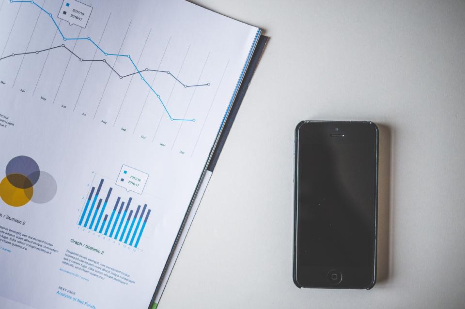 Rapport imprimé de graphiques et smartphone posés sur un bureau blanc
