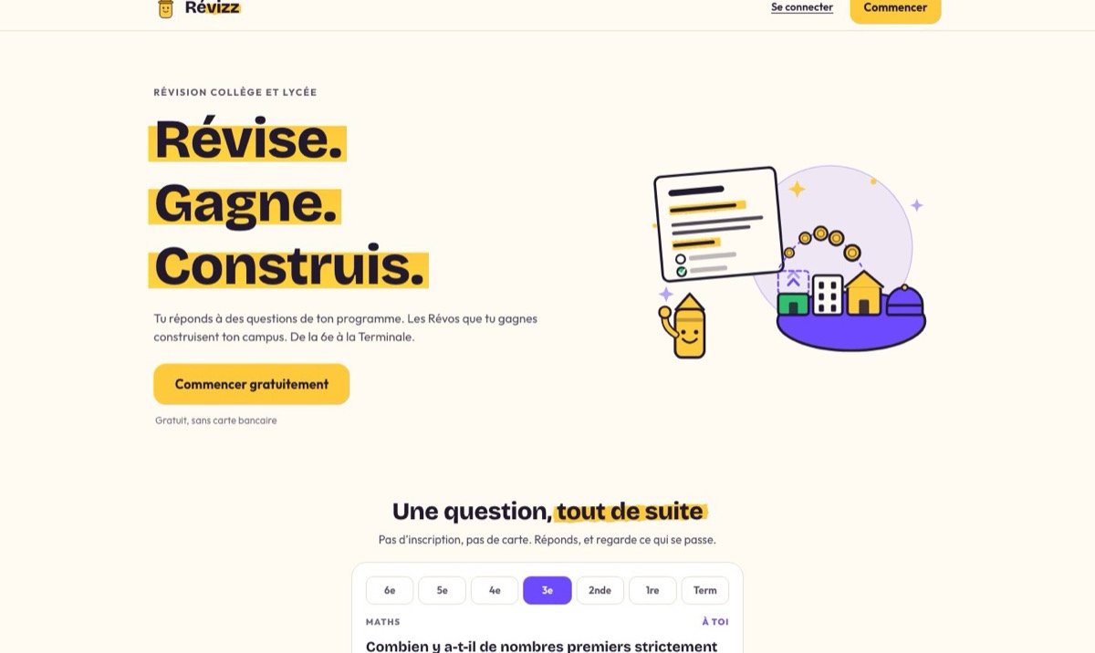 Page d'accueil de Révizz, application de révision pour collégiens et lycéens
